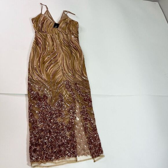 NWT Akira Maxi Dress Womens Large Tan Sequin Copper Spaghetti Strap Long - Picture 1 of 12